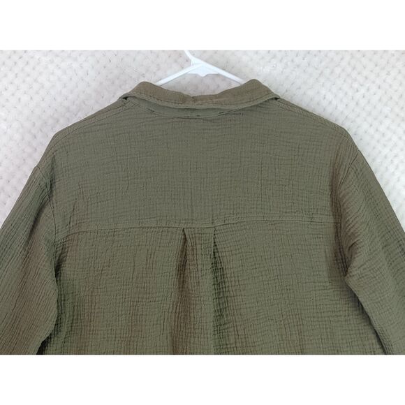 Bibi Crinkle Gauze Button Up High Low Shirt Olive Green Women's Small - Picture 9 of 13